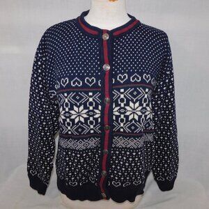 VTG Willow Ridge Blue White Fair Isle Snowflake knit Cardigan Sweater Women L